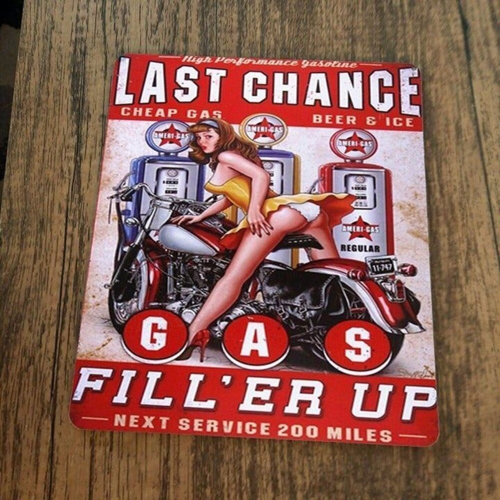 Last Chance Gas Fill Er Up‎ Girl on Motorcycle Mouse Pad